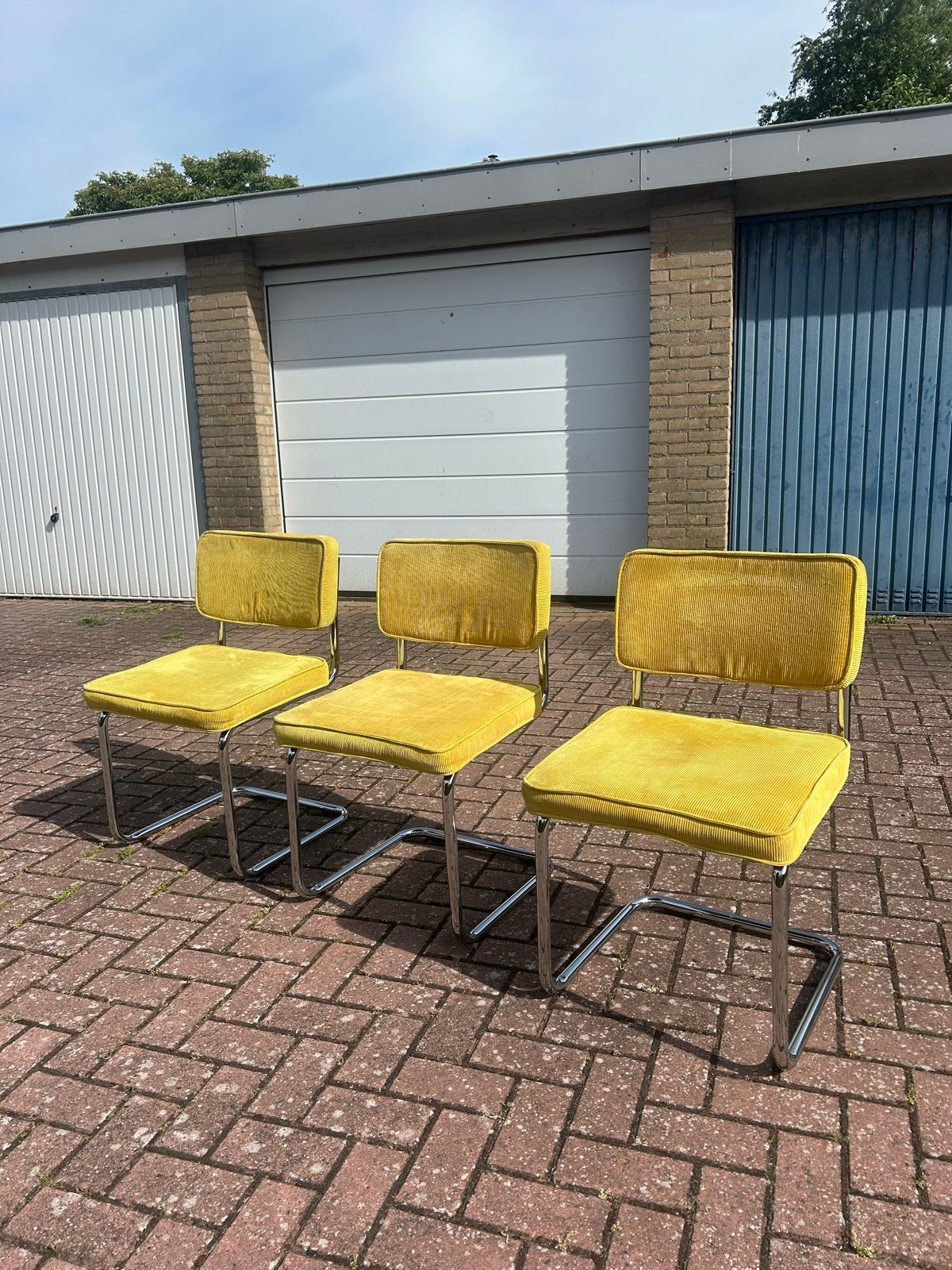 3 gele buisframe eetkamerstoelen, Ophalen, Gebruikt, Overige kleuren, Drie