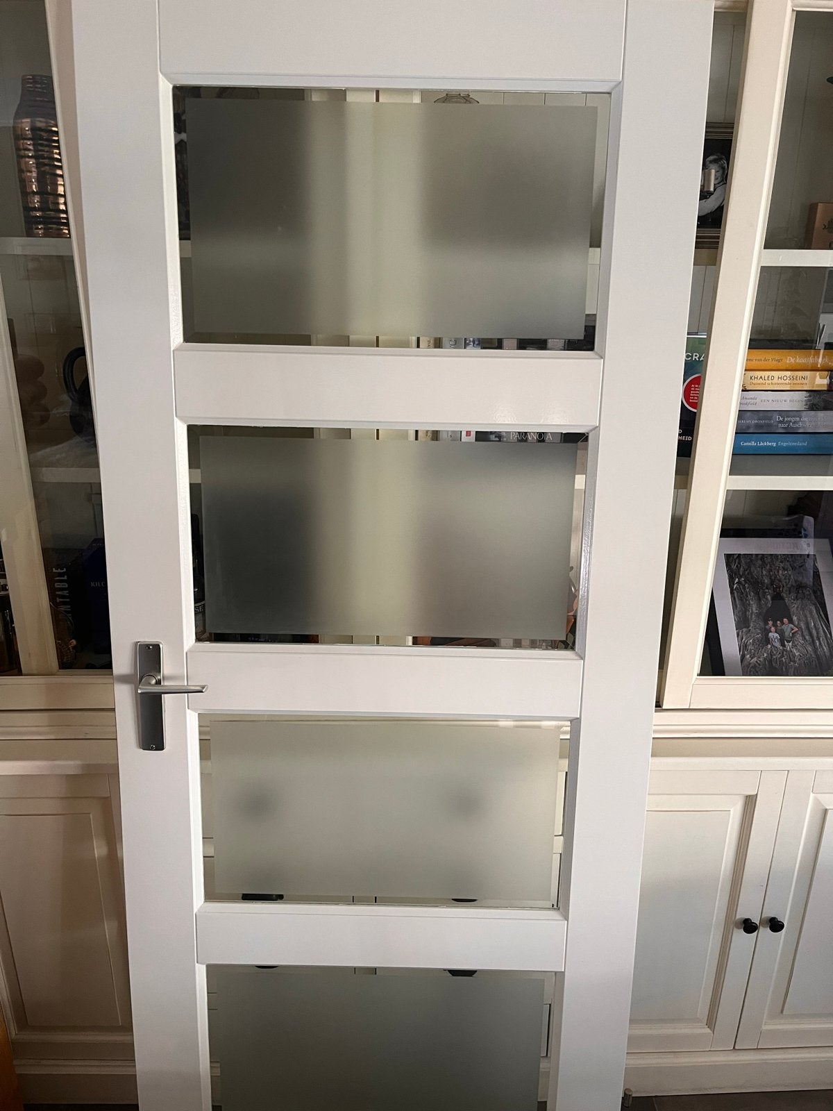 Binnendeur opdek met glaspanelen, Doe-het-zelf en Verbouw, Deuren en Horren, Gebruikt, 80 tot 100 cm, Binnendeur, Ophalen of Verzenden