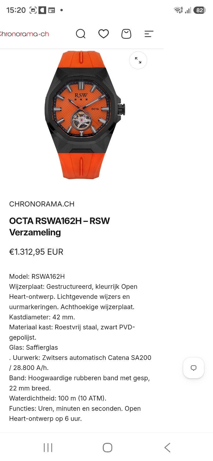 RSW Octa Herenhorloge - Oranje/Zwart, Automatisch, Overige merken, Staal, Polshorloge, Nieuw