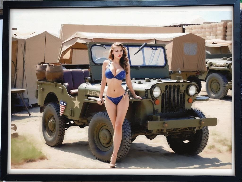 Unieke Sexy Leger WW2 Pin up met Willys Jeep poster in Lijst, Verzenden, Nederland, Foto of Poster