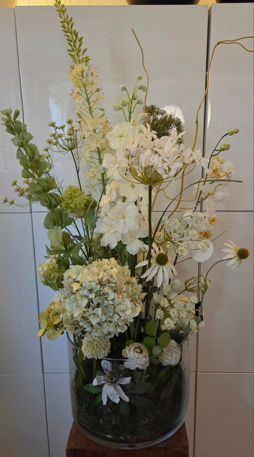 ZGN groot zijden bloemstuk in glazen cilinder vaas, Ophalen, Zijde, Zo goed als nieuw, 105 cm