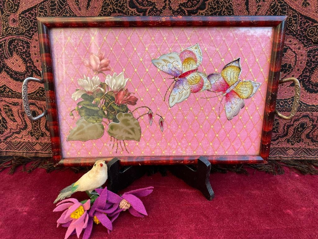 Antiek dienblad, brocante dienblaadje vlinders Art deco 1920, Ophalen of Verzenden