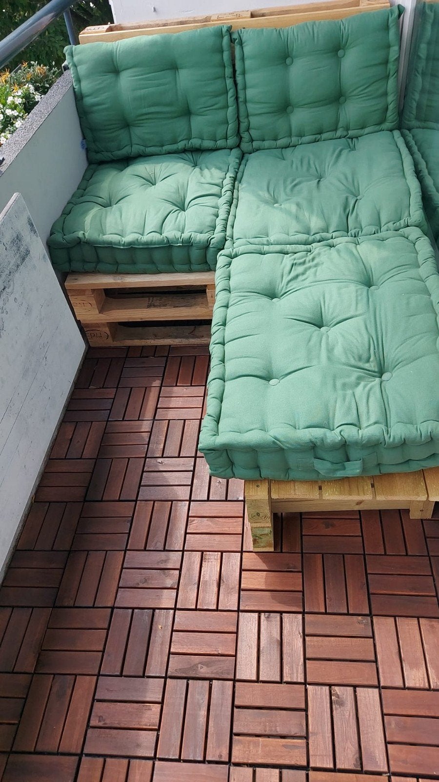 Groene palletkussens met opberghoes, Huis en Inrichting, Woonaccessoires | Kussens, Gebruikt, Palletkussen, Groen, Vierkant, Geschikt voor buiten