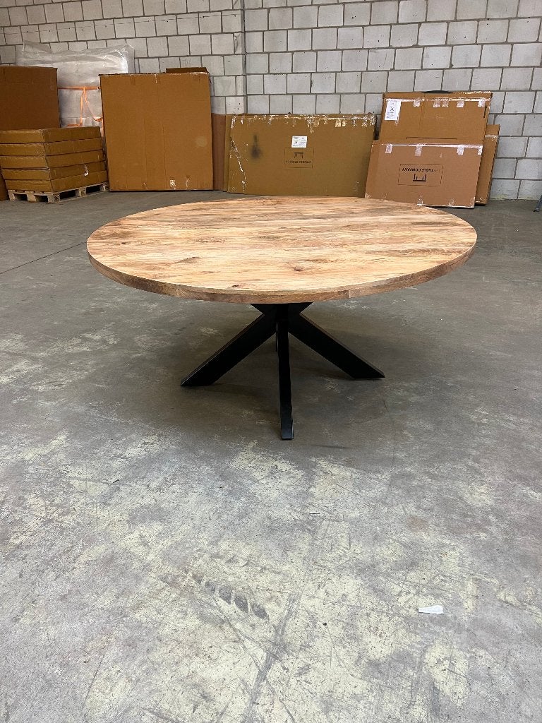Ronde mango eettafel 180cm incl. spinpoot, Ophalen, 150 tot 200 cm, Rond, Nieuw