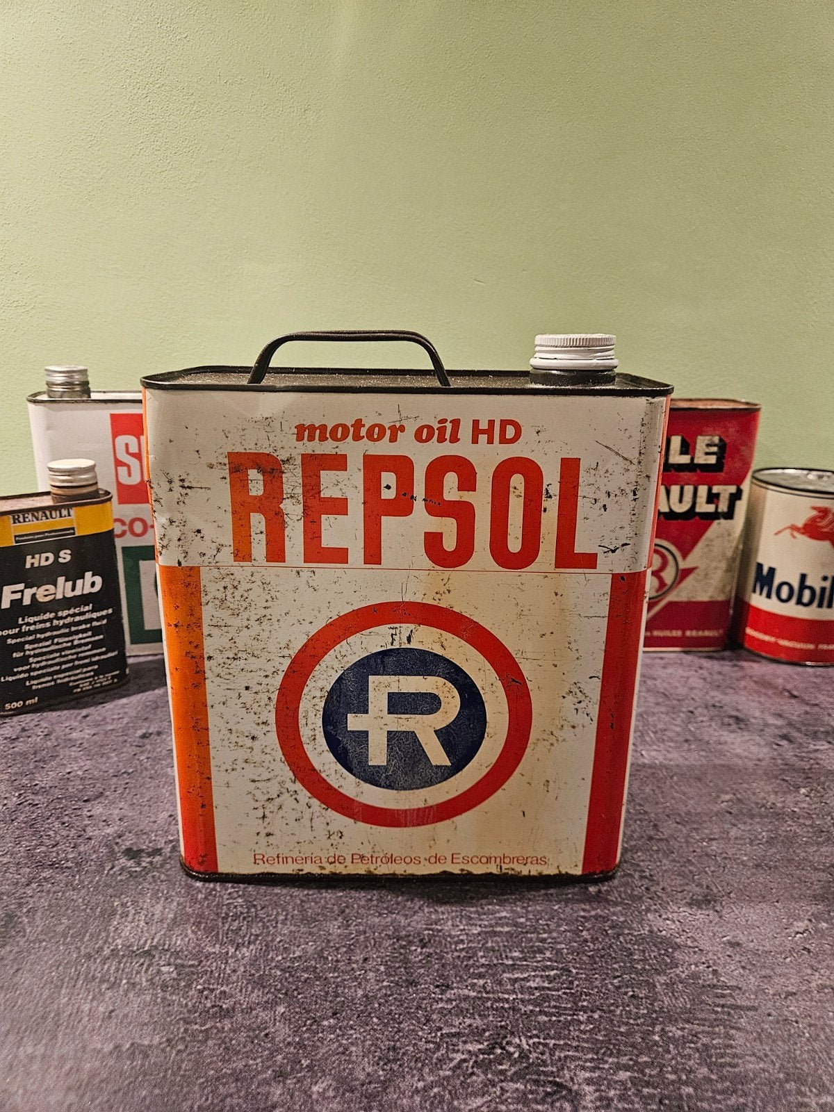 Repsol olie Blik Repsol motor oil garageblik vintage garage, Verzamelen, Ophalen of Verzenden, Gebruikt, Overige