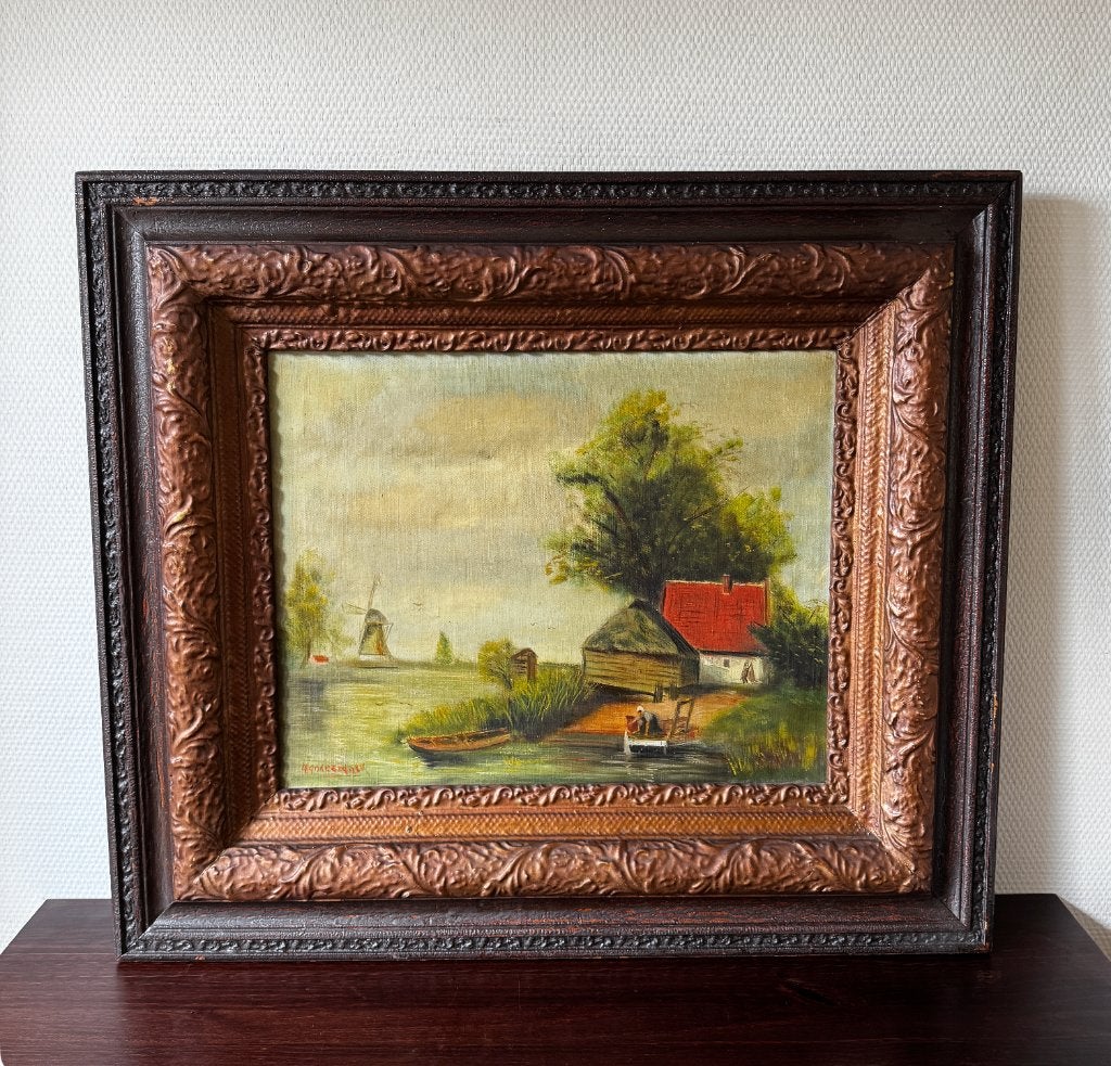 Antiek Schilderij Rond 1900, Boeren Landschap in Lijst, Ophalen, Gebruikt
