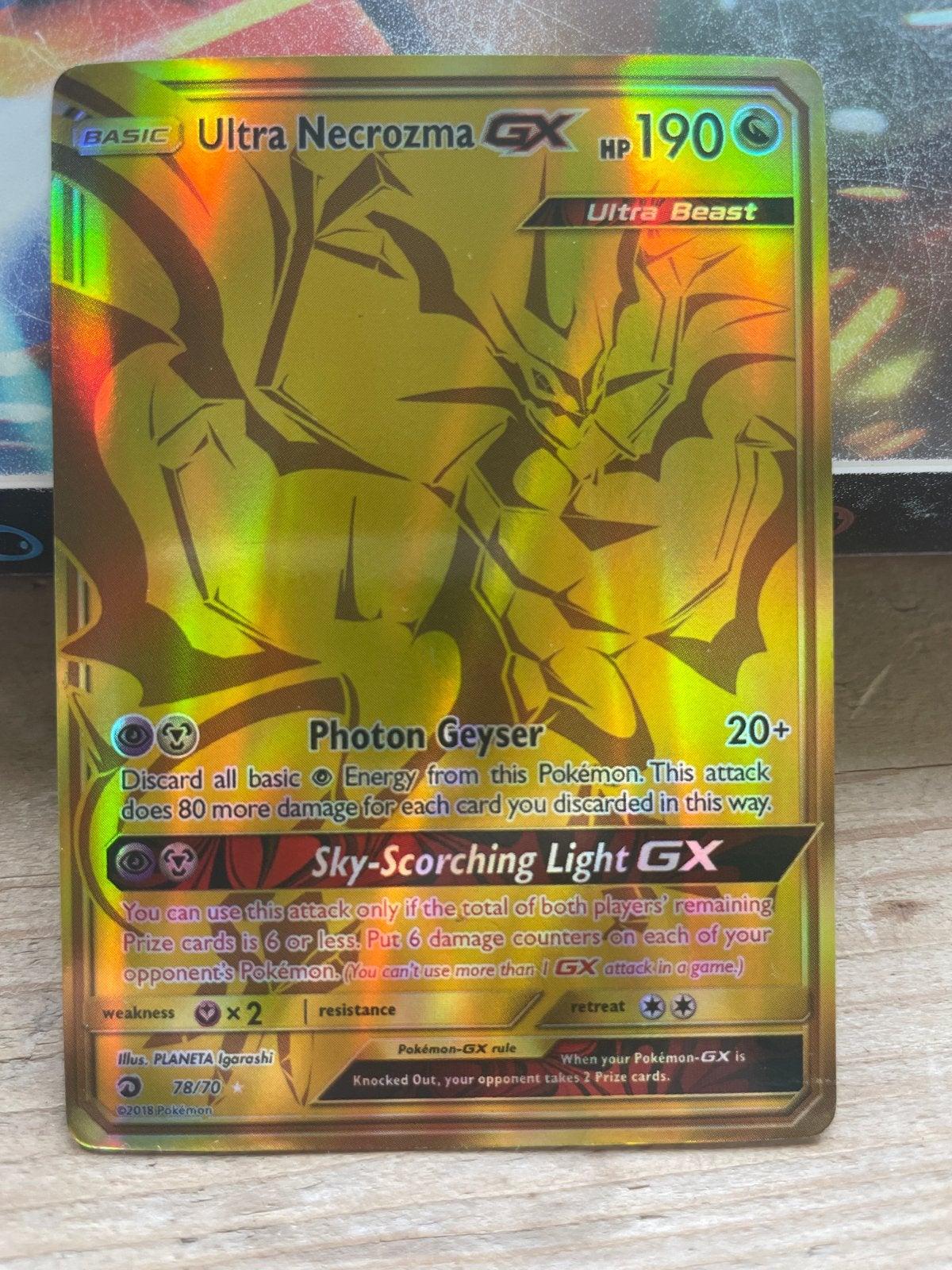 Ultra Necrozma GX Pokémon Kaart (Full Art Gold) - 78/70, Ophalen of Verzenden, Zo goed als nieuw, Losse kaart, Foil
