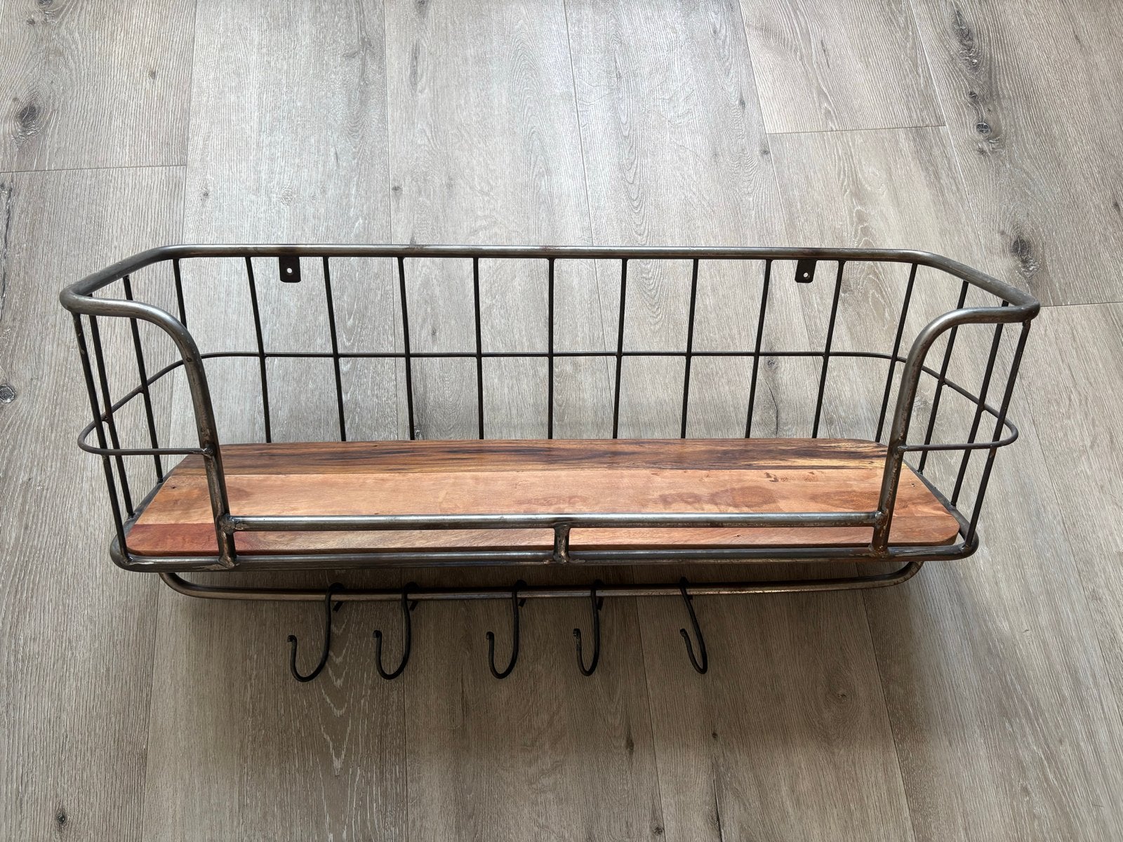 Industriële Wandplank/ Kapstok met Haken - Metaal & Hout, Ophalen, Zo goed als nieuw