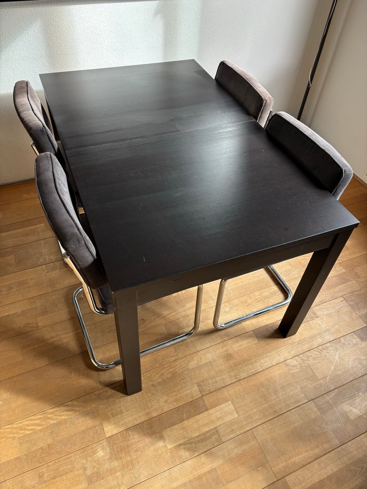 Uitschuifbare eettafel met 4 stoelen, Ophalen, Gebruikt, 200 cm of meer, 50 tot 100 cm