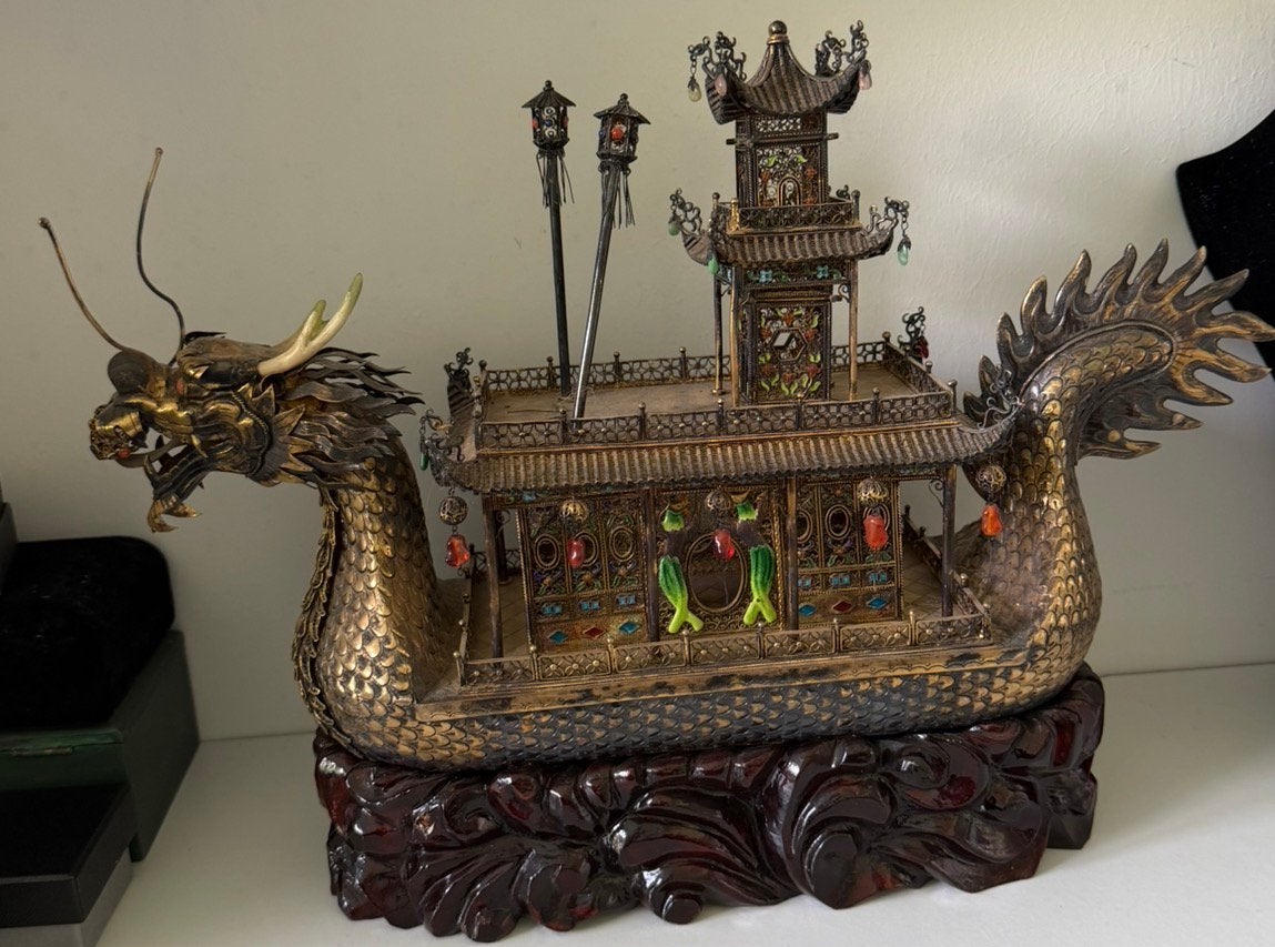 Antieke Chinese Drakenboot - Filigraan met Emaille, Ophalen of Verzenden, Koper