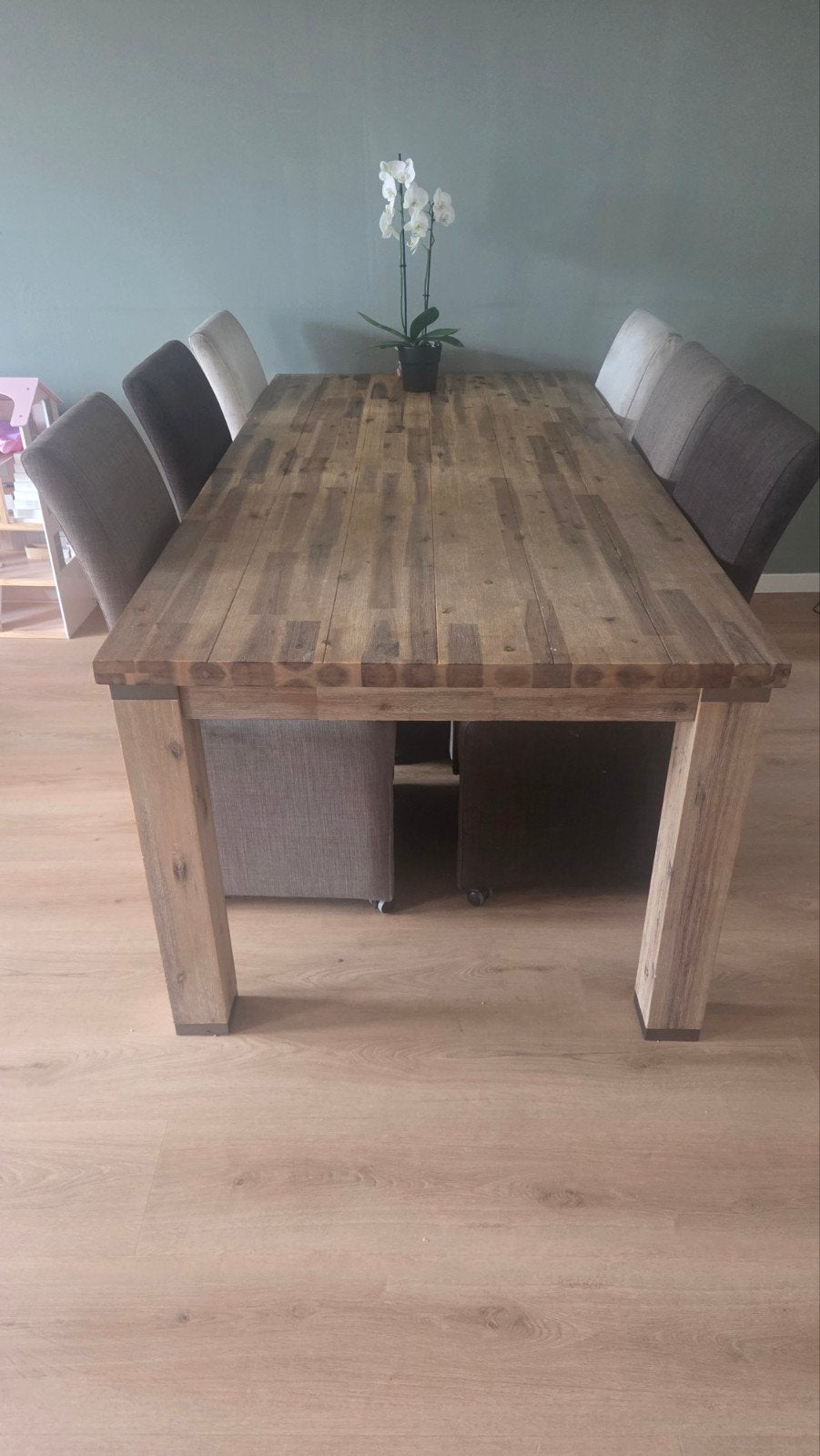 Robuuste houten eettafel met 6 stoelen, Gebruikt, Rustiek, Vijf personen of meer, 150 tot 200 cm