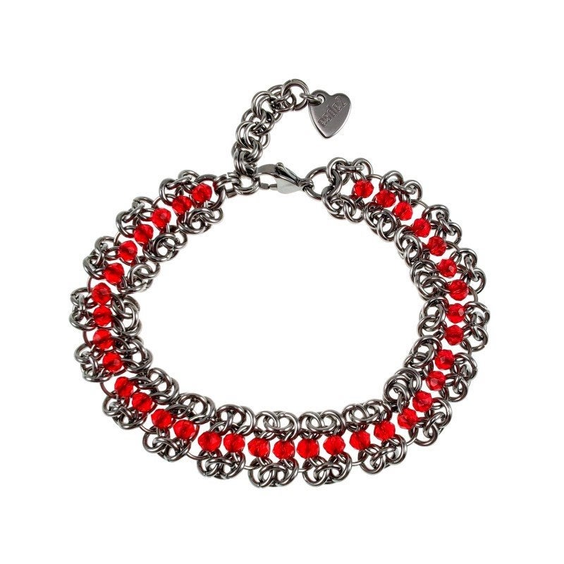 Europese Weeftechniek Armband RVS + Rode Kristallen - Dames, Sieraden, Tassen en Uiterlijk, Armbanden, Met kristal, Staal, Birgitta-Gracht 33, 6465 EL Kerkrade, Nederland