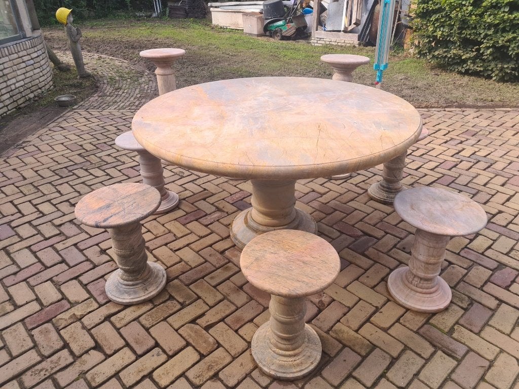 Ronde marmer tuintafel set, Ophalen of Verzenden, Gebruikt, Rond, Overige materialen