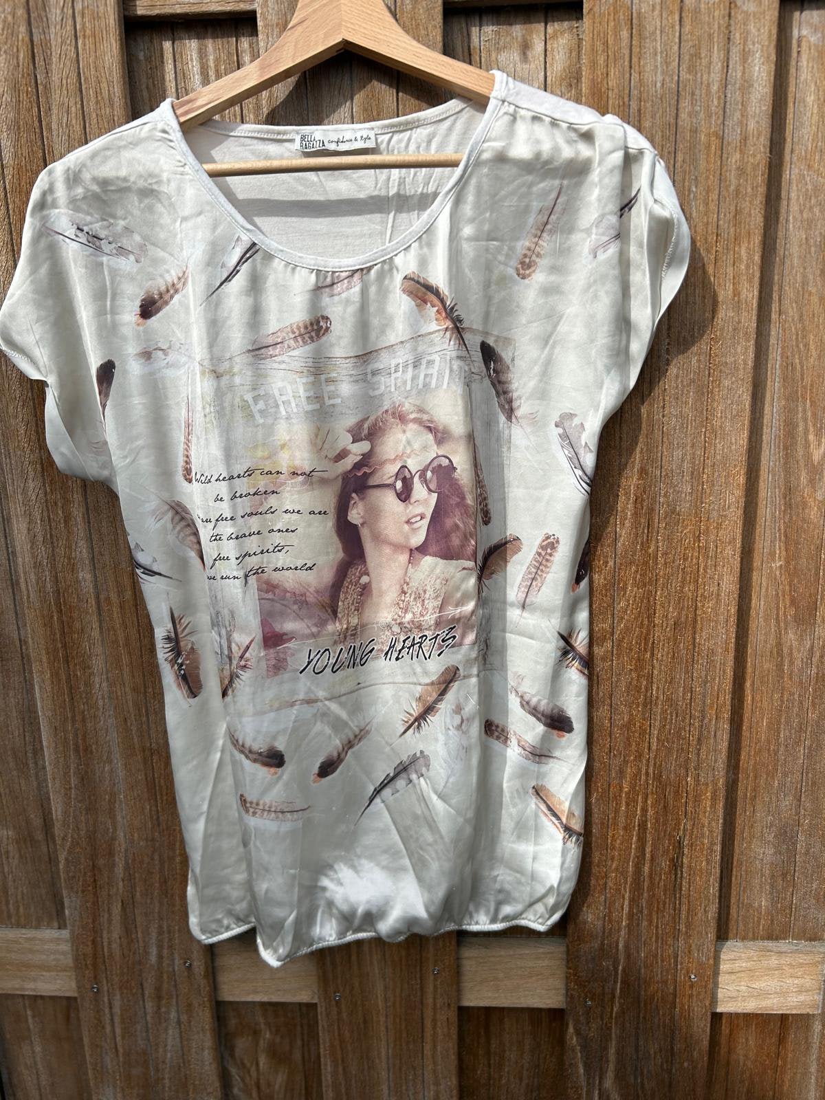 Shirt met verenprint - Maat L, Ophalen of Verzenden, Zo goed als nieuw, Korte mouw