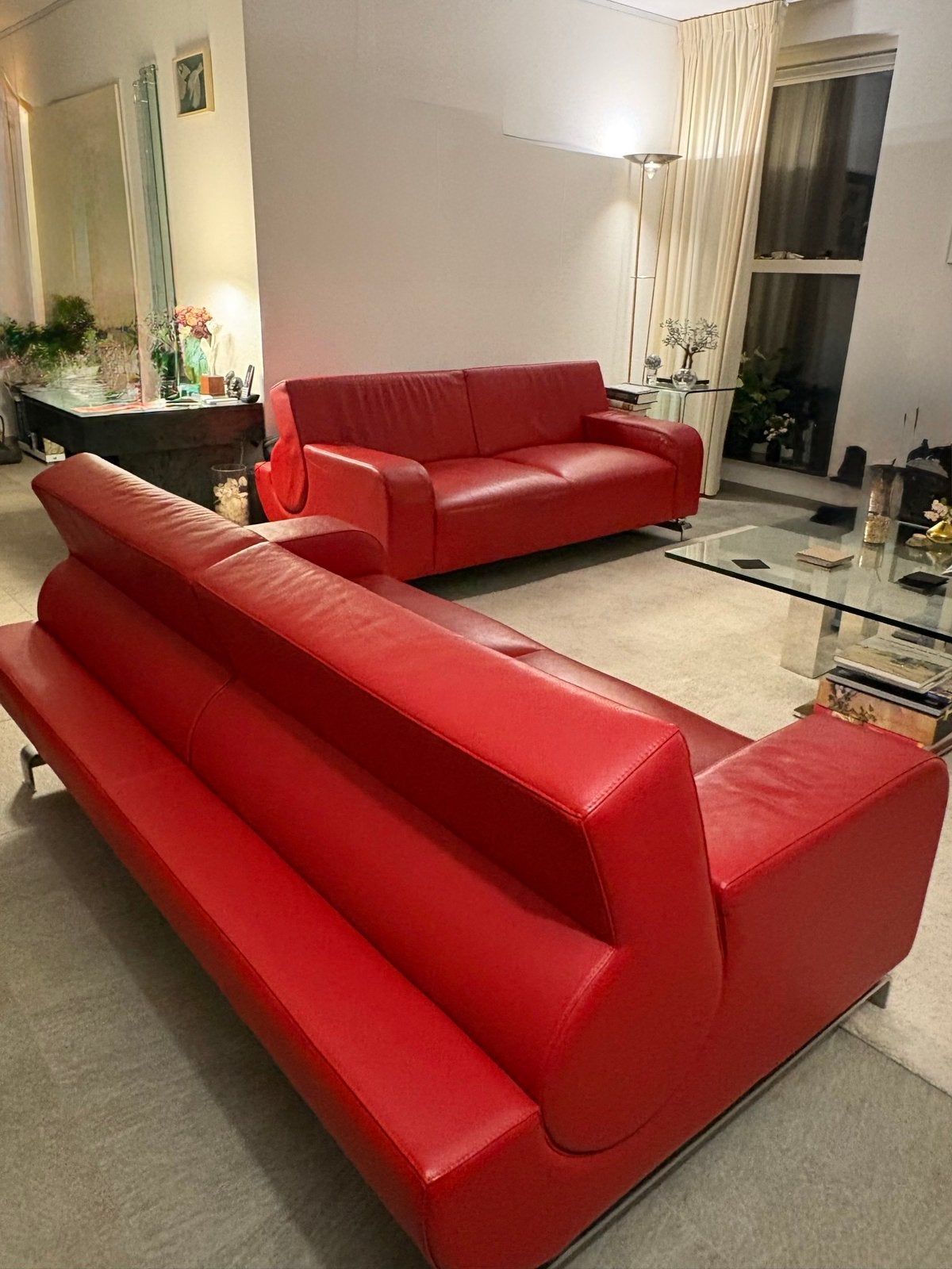 2 Leolux B-flat banken - Rood leer - Zeer goede staat, Huis en Inrichting, Ophalen, Modern design, 100 tot 125 cm, 150 tot 200 cm