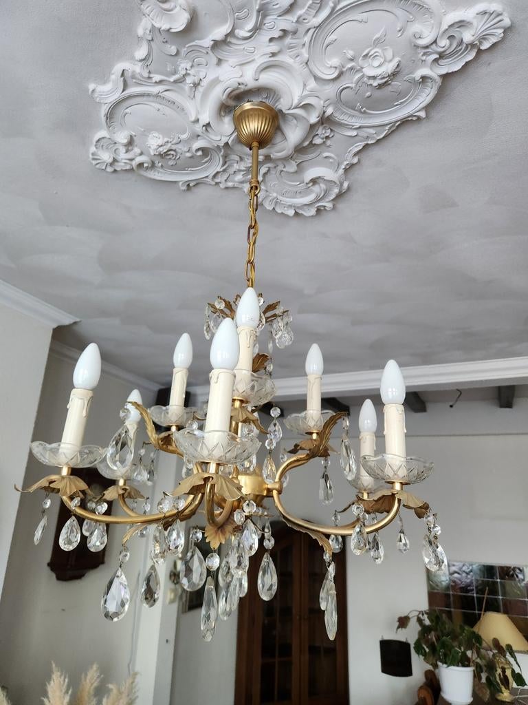 Gouden Kroonluchter met Kristallen - 8 Lichten, Ophalen, Gebruikt, Glas, Klassiek, Barok, Elegant