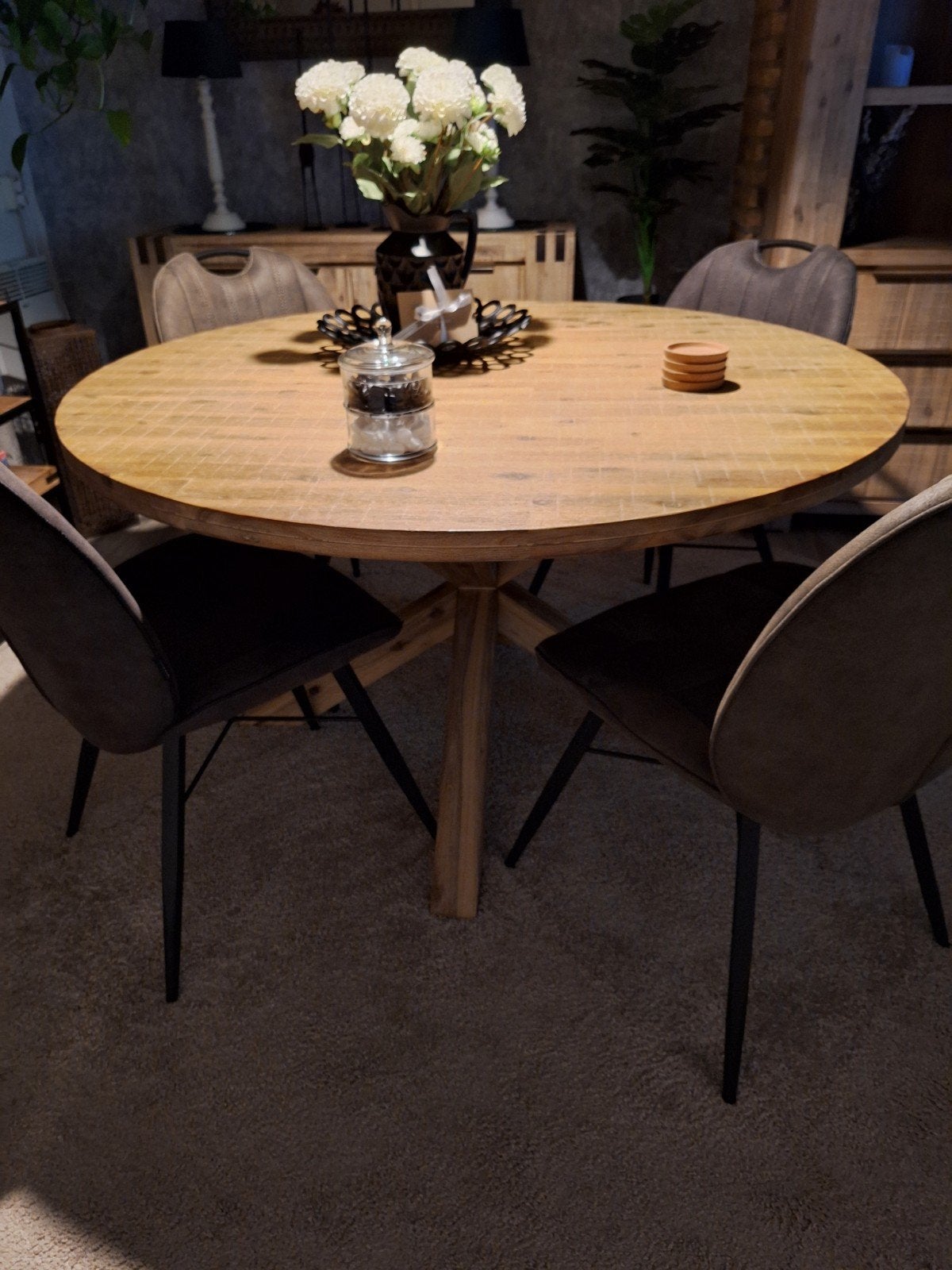 Ronde acacia houten eettafel met kruispoot 140 cm, Huis en Inrichting, Tafels | Eettafels, Ophalen, Gebruikt, Rond, Overige houtsoorten