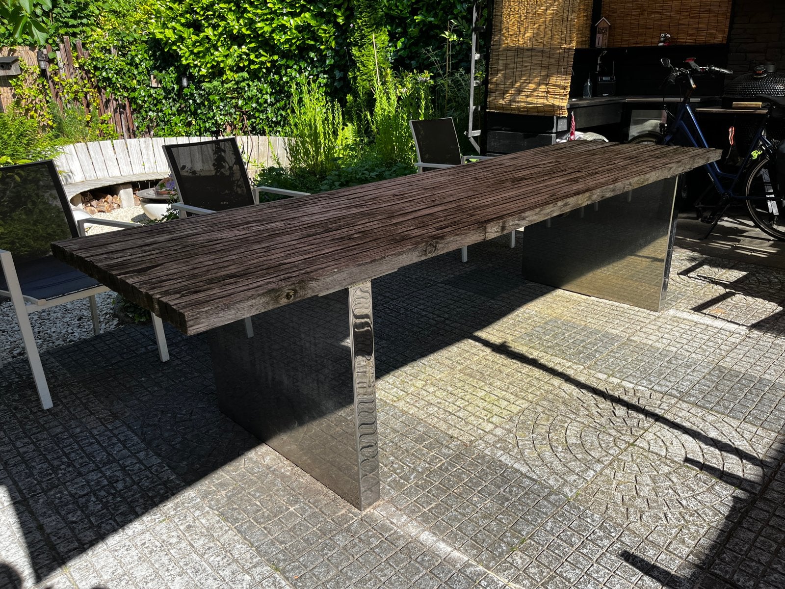 Maatwerk tuintafel 304x87cm, eiken blad, rvs poot, Tuin en Terras, Tuintafels, Ophalen, Gebruikt, Rechthoekig, Rvs