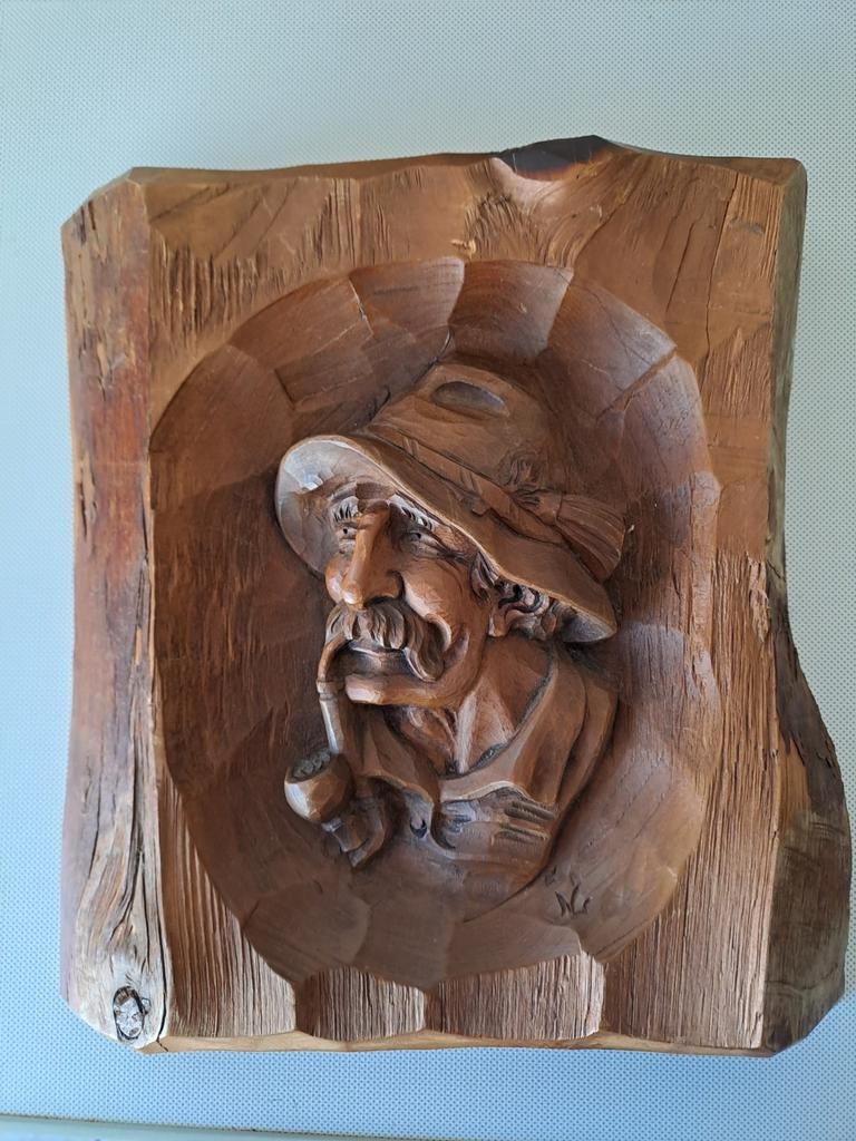 Houten wanddecoratie: Man met pijp, handgesneden, Antiek en Kunst, Ophalen of Verzenden