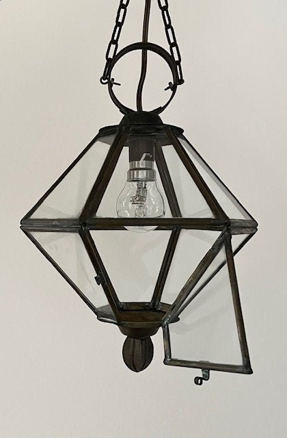 Vintage Franse koperen hal lamp met helder glas, Ophalen of Verzenden, Zo goed als nieuw, Glas, B22 (Bajonetsluiting)