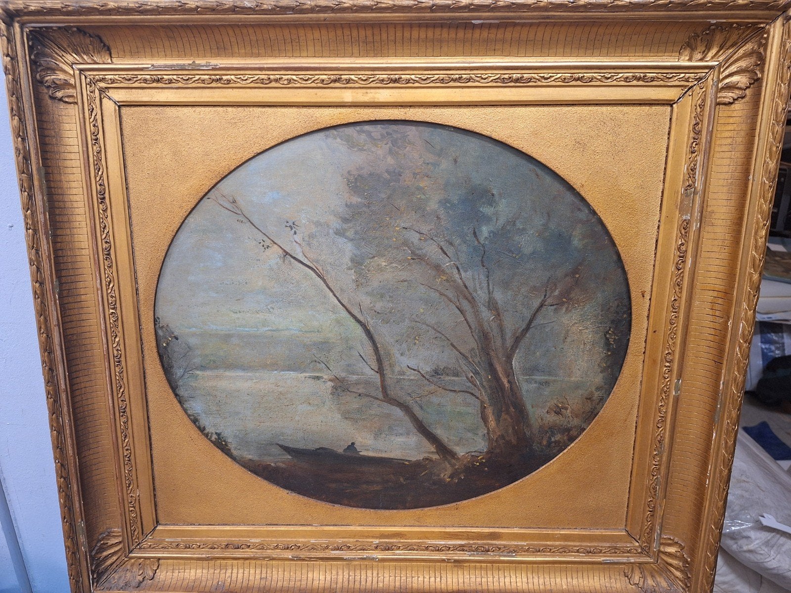 Antiek Schilderij C. Corot Barbizon - Landschap met boot, Antiek en Kunst, Kunst | Schilderijen | Klassiek, Ophalen, Paneel, Realistisch