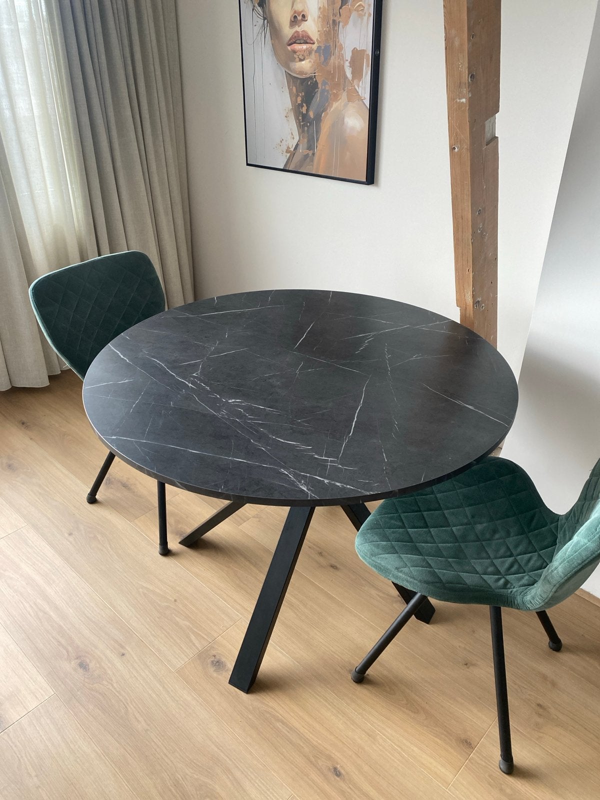 Moderne ronde eettafel zwart marmerlook met metalen onderste, Ophalen, Zo goed als nieuw, Rond, Metaal