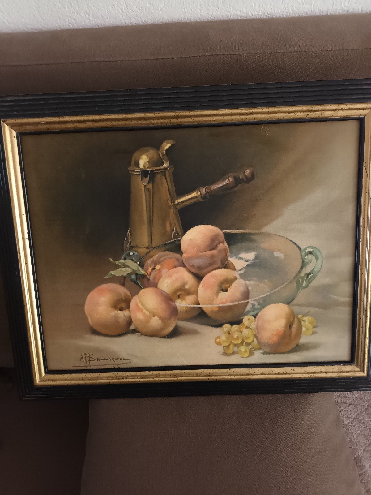 Stilleven met perziken en druiven, reproductie. maat 50x62, Ophalen, Zo goed als nieuw, Minder dan 50 cm, Schilderij