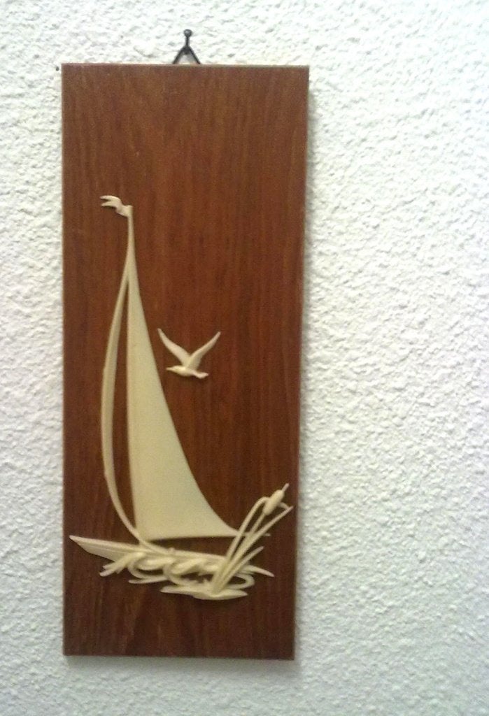 retro vintage houten wanddecoratie wandhanger zeilboot, Gebruikt, 17 cm, Hout, Vintage