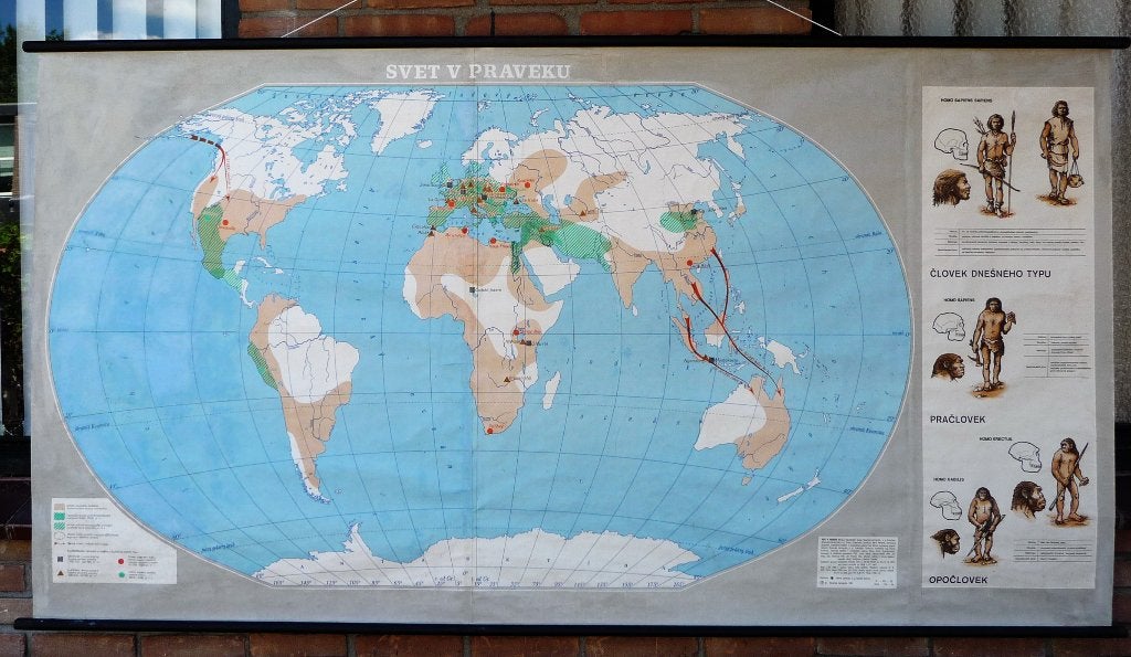 Oude schoolplaat wereldkaart over de prehistorie, Antiek en Kunst, Ophalen of Verzenden, Geschiedenis