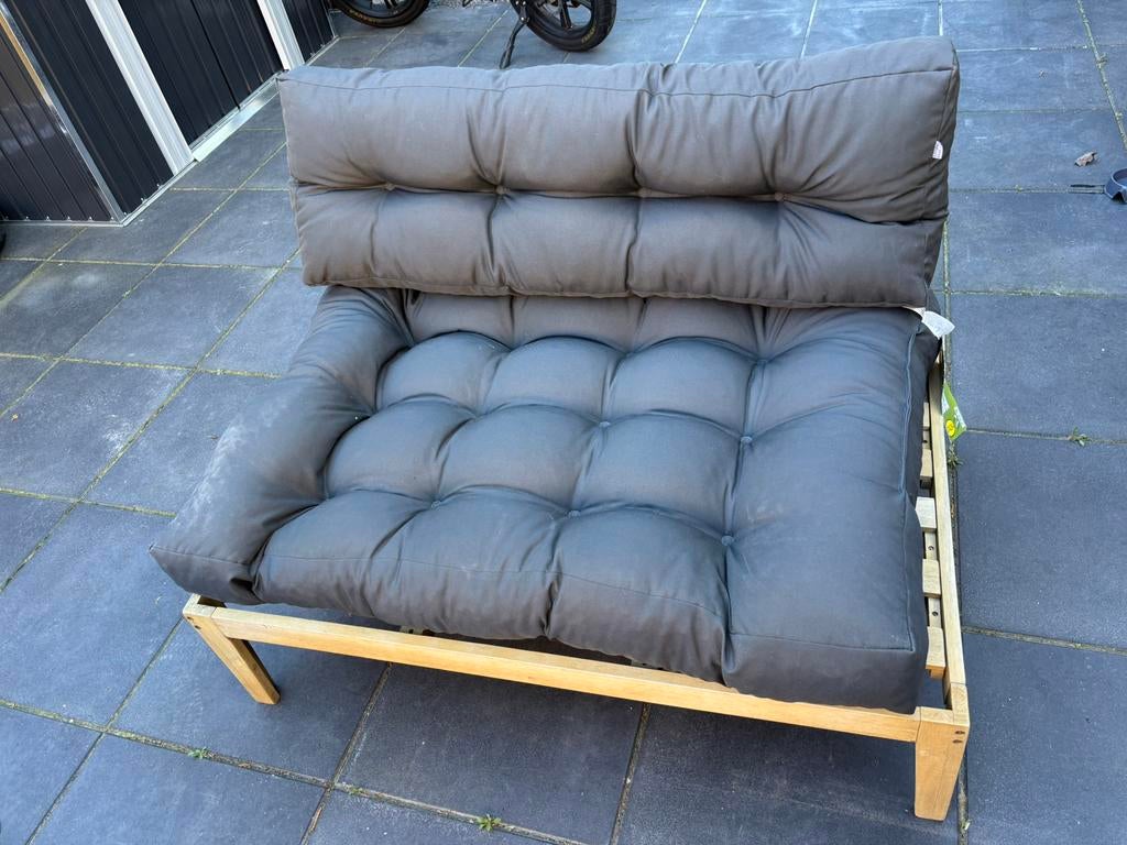Palletbank inclusief kussens, Zo goed als nieuw, Hout, Ophalen, 2 zitplaatsen