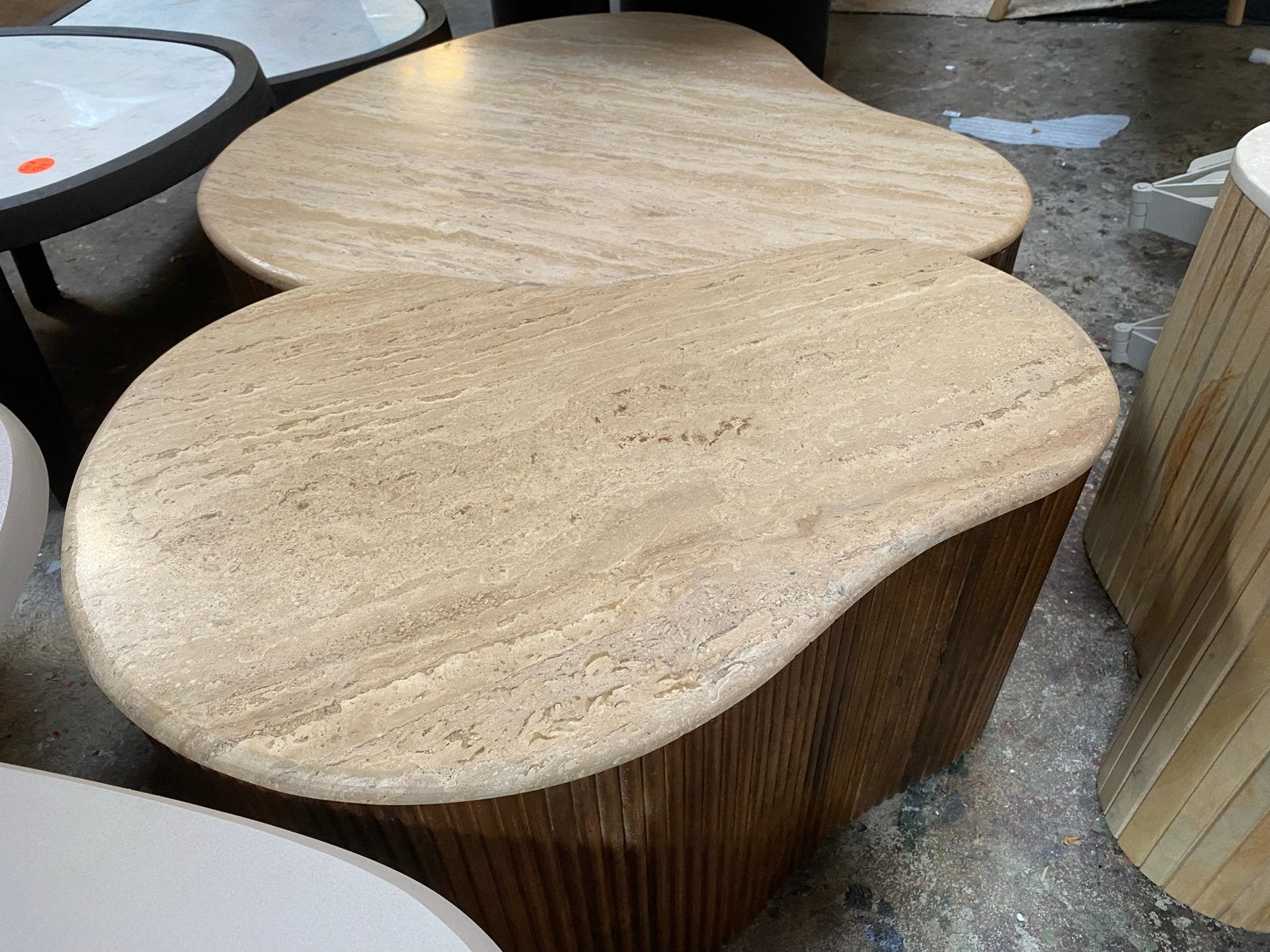 Salontafel mari travertin hout 83x72&70x42 organische vorm, Ophalen, 50 – 75, 100 tot 150 cm, 50 tot 100 cm