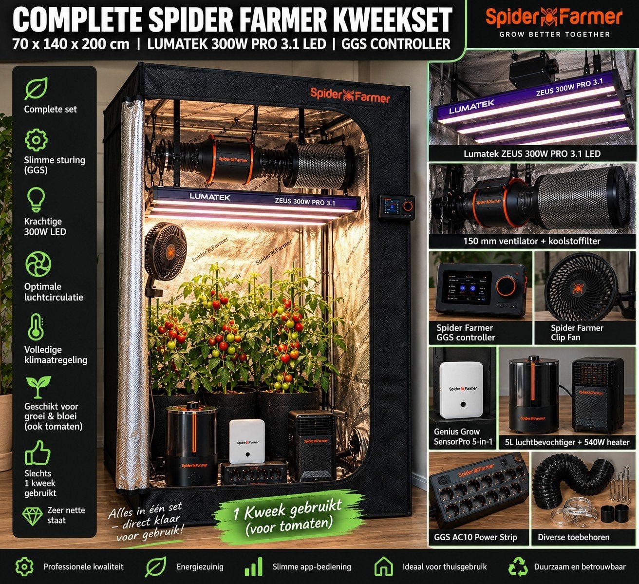 Complete Spider Farmer kweektent 70x140x200 + Lumatek 300W, Tuin en Terras, Kweekspullen, Ophalen, Zo goed als nieuw, Kweekkast