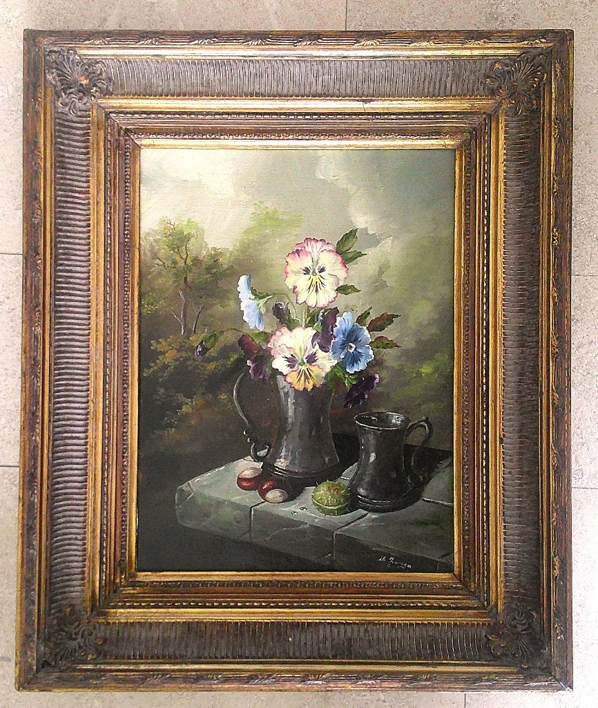 Magisch Stilleven met viooltjes - Theo Swaga (1942-1996), Doek, Realistisch, Stilleven, Ophalen of Verzenden