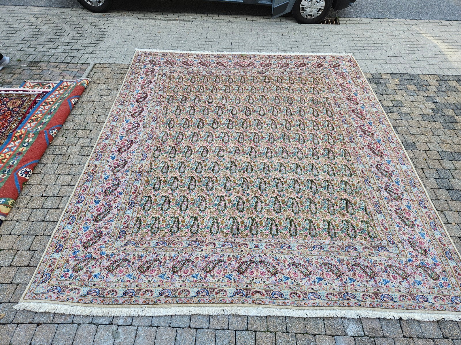 Handgeknoopt perzisch tapijt kirman 395x350, Huis en Inrichting, Stoffering | Tapijten en Kleden, Info@SlatsAntiek.nl, Perzisch