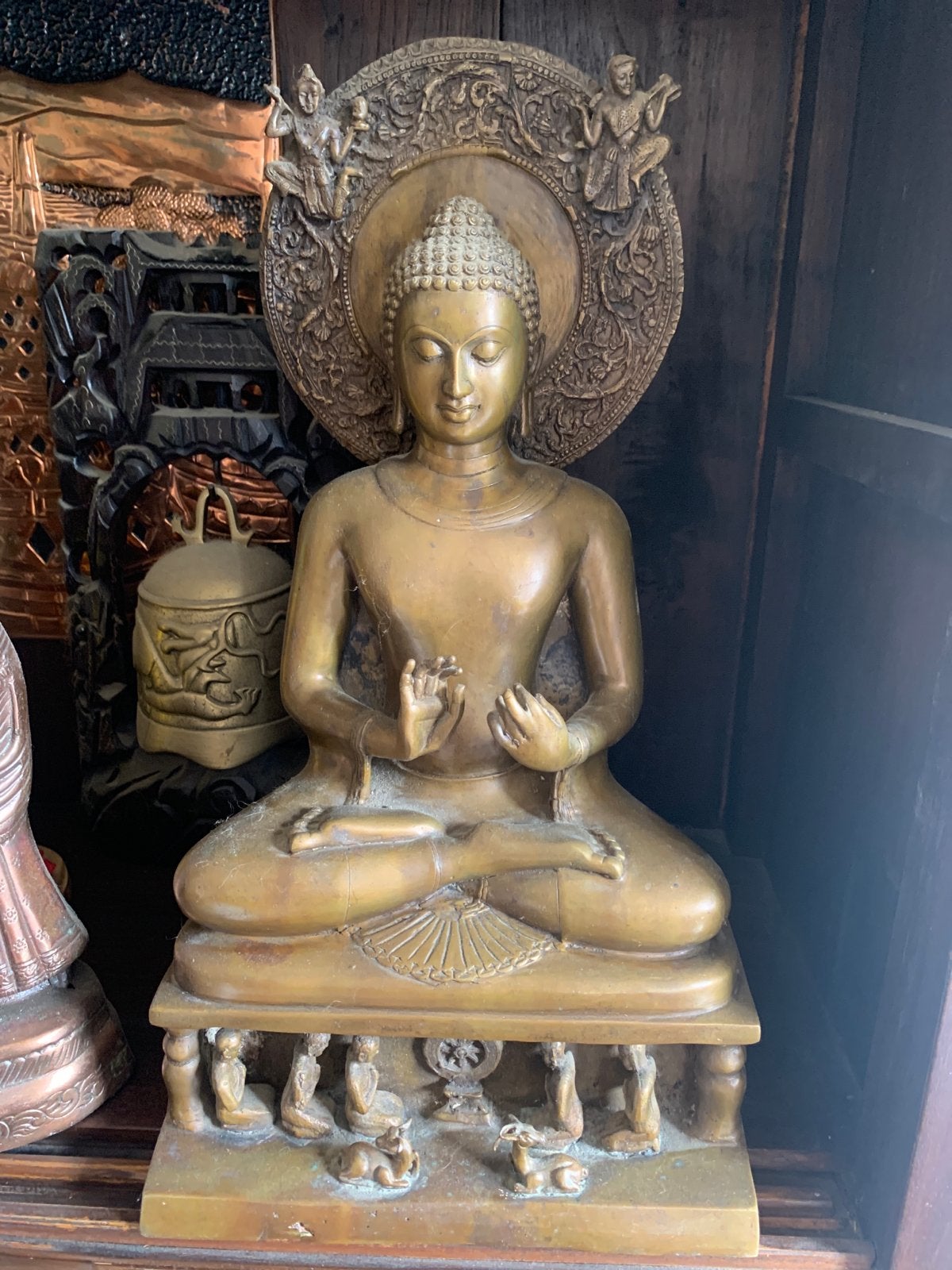 Bronzen Boeddha Beeld - Mediterende Boeddha op Sokkel, Ophalen of Verzenden, 20 - 50 cm, Beeld, Goud