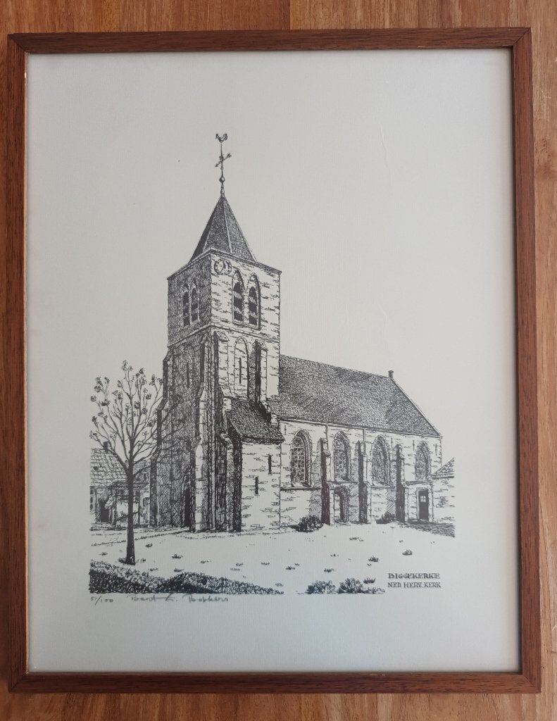 Biggekerke, Ned. Herv. Kerk door Bert Bokkers, Realistisch, Ophalen of Verzenden, Tekening, Papier