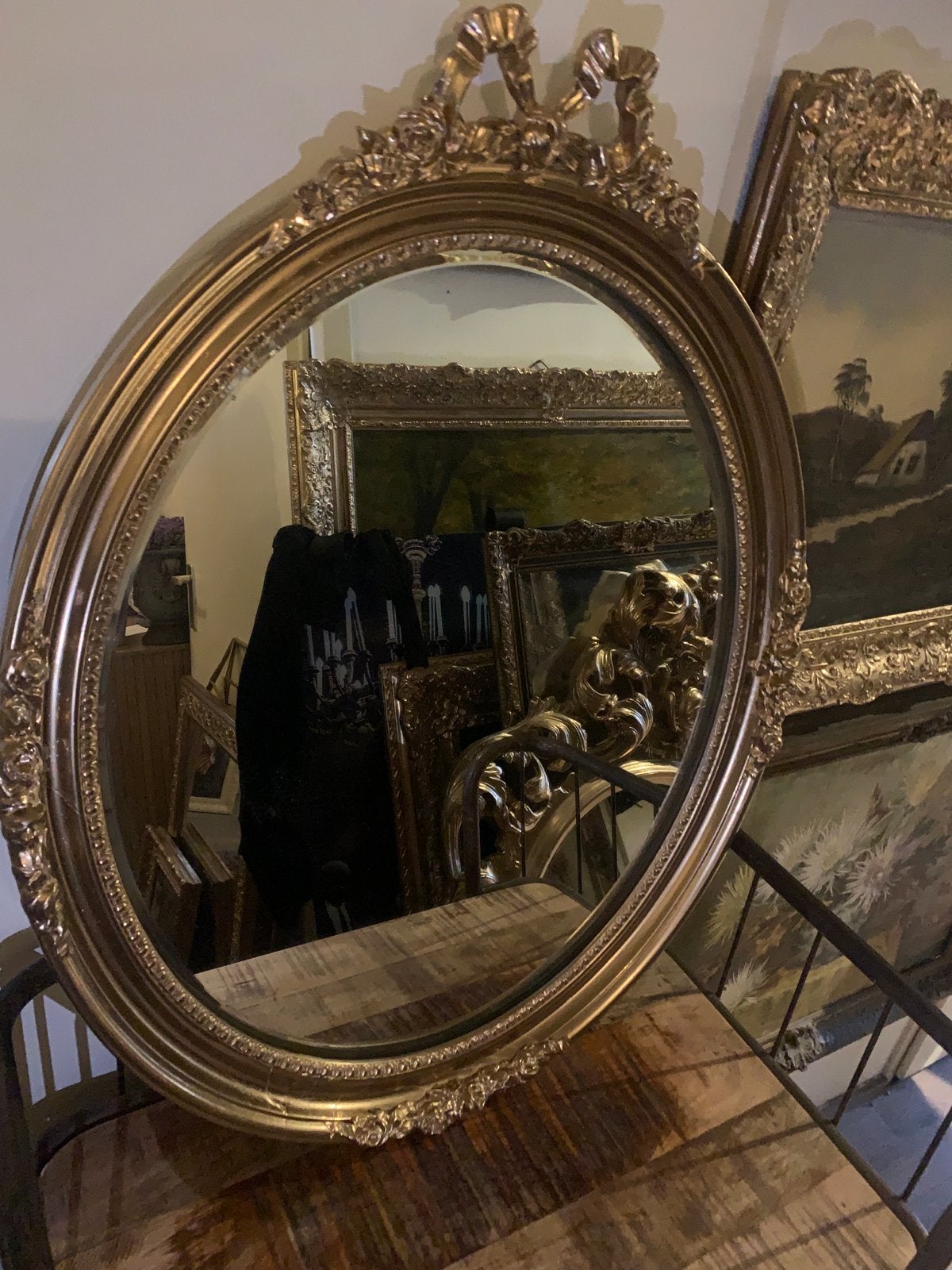 Gouden Ovale barok Spiegel met Sierlijke Lijst, Ophalen, Zo goed als nieuw, Minder dan 100 cm, Ovaal