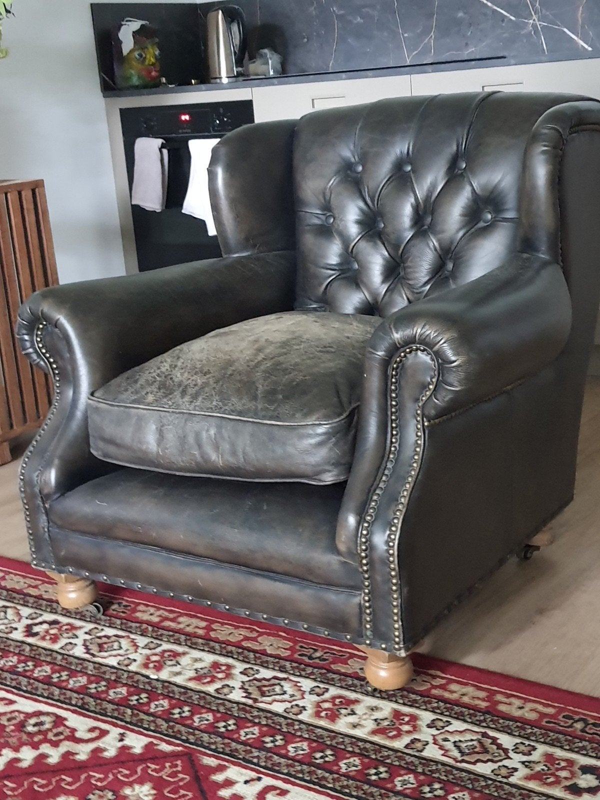 Timothy Oulton Chesterfield Stijl Leren Fauteuil, Gebruikt, Chesterfield, Klassiek, Industrieel, Ophalen of Verzenden, 75 tot 100 cm