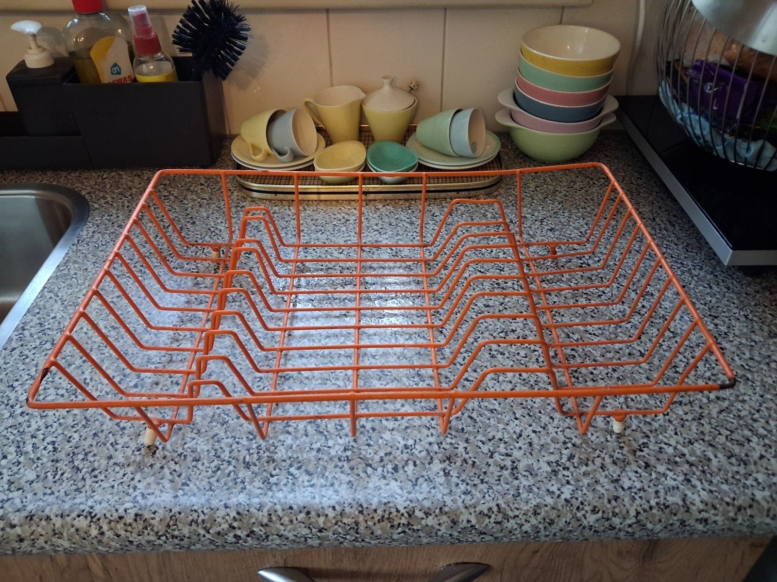 Tomado retro vintage oranje afwasrek en thee handoek rek, Gebruikt, Bordenrek, Ophalen of Verzenden, Metaal