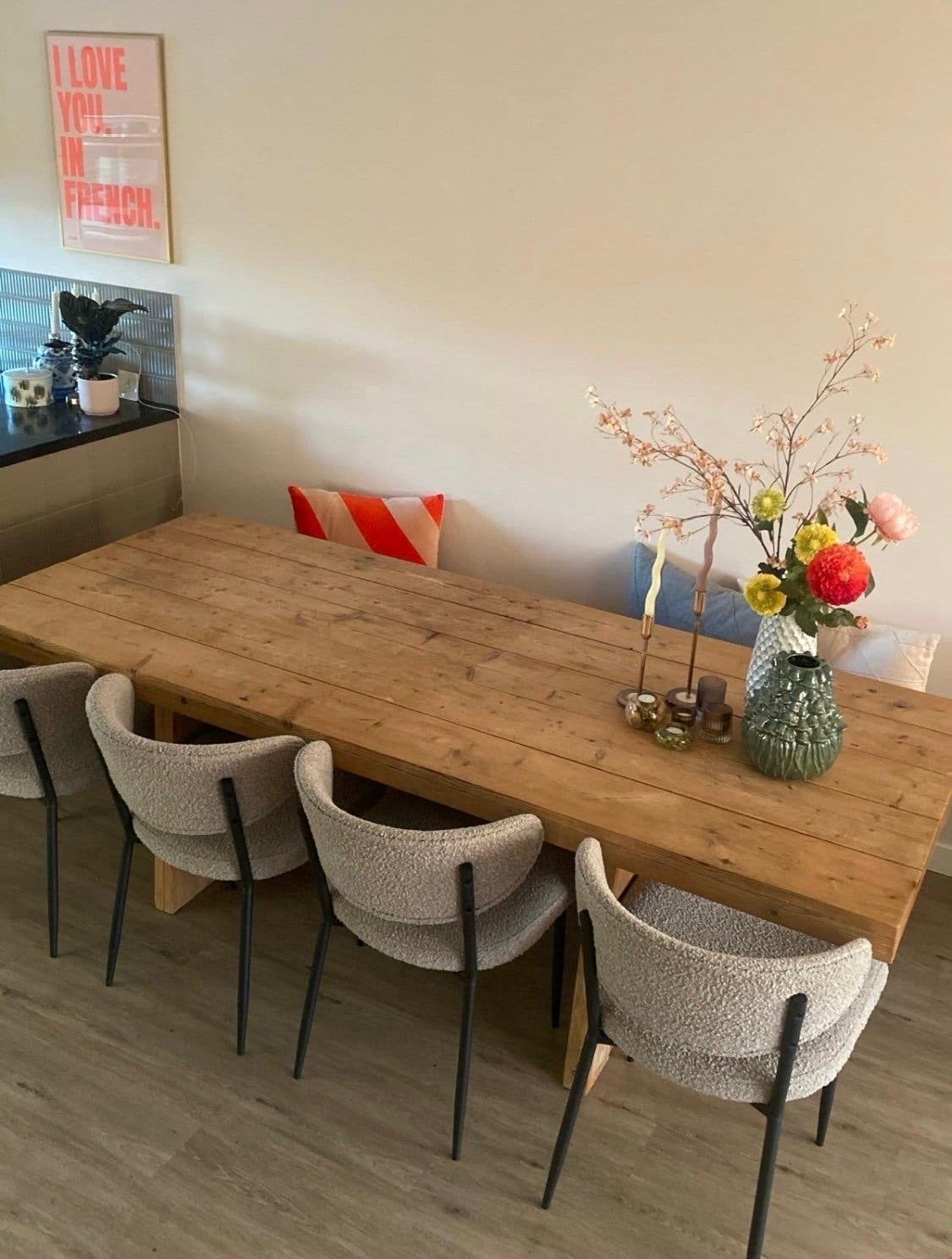 Steigerhouten eettafel (2.40m) met bijpassend bankje, Ophalen, Gebruikt, 200 cm of meer, 50 tot 100 cm