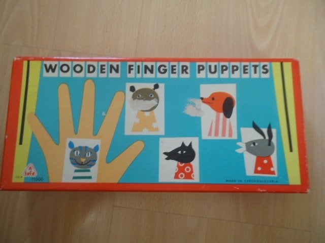 Vintage houten vingerpoppetjes, dieren. In doos, Ophalen of Verzenden, Zo goed als nieuw