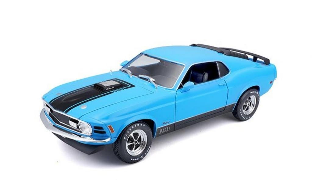 1:18 Ford Mustang Mach I uit 1970 Blauw/ Zwart Maisto, Hobby en Vrije tijd, Modelauto's | 1:18, Ophalen of Verzenden, Nieuw, Auto
