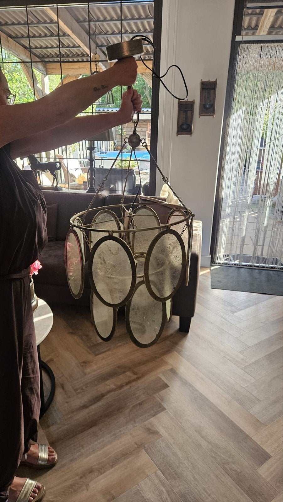 Unieke hanglamp met glazen schijven, Modern, Art Deco, Gebruikt, Glas, E27 (groot)
