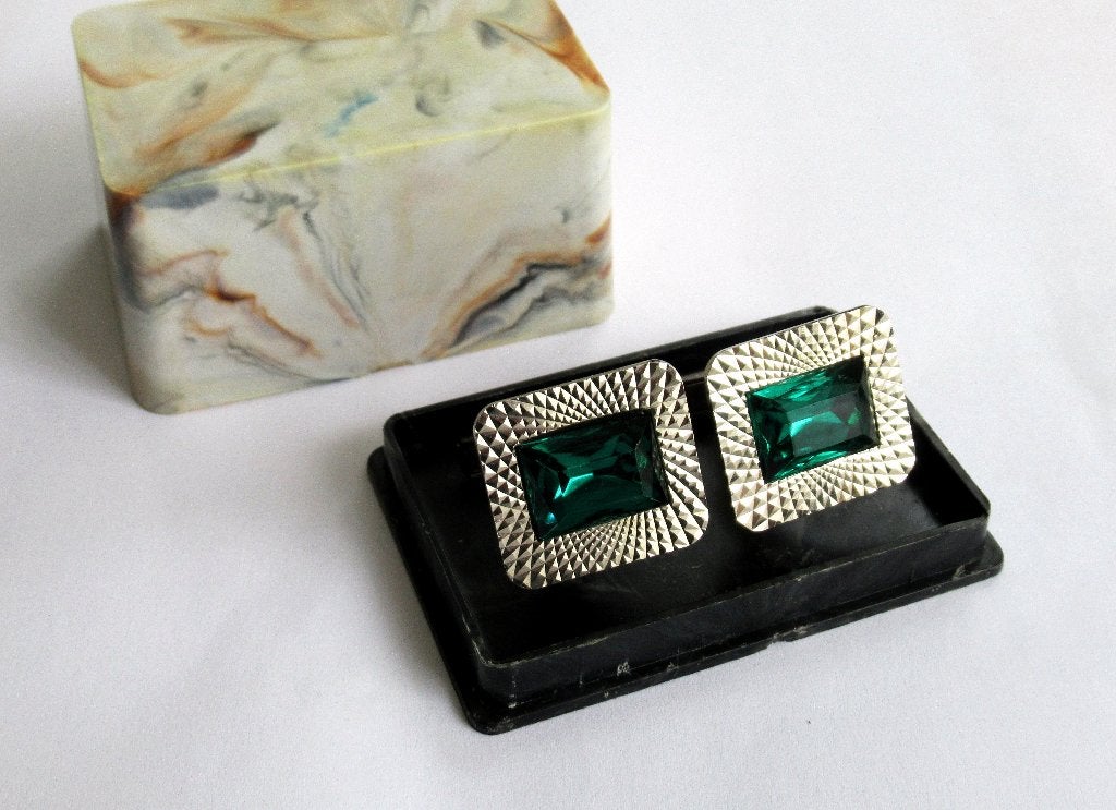 Retro manchetknopen met kristal in doos van de 80 jaren., Sieraden, Tassen en Uiterlijk, Manchetknopen, Ophalen of Verzenden, Gebruikt