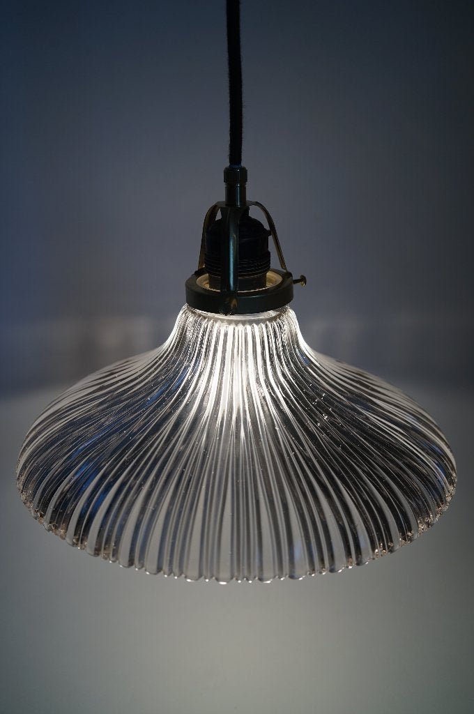 antiek groot model holophane lamp glas rib messing armatuur., Gebruikt, Metaal, Vintage antiek, E27 (groot)