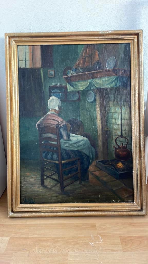 Vrouw bij de haard in een boereninterieur, Ophalen of Verzenden