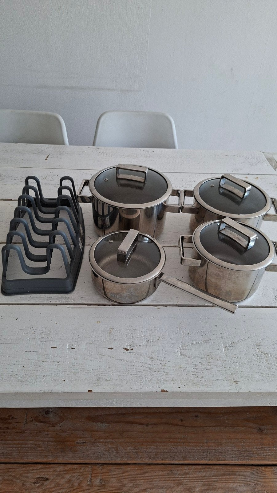 Pannenset 4 pannen inclusief dekselhouder, Huis en Inrichting, Keuken | Potten en Pannen, Ophalen of Verzenden