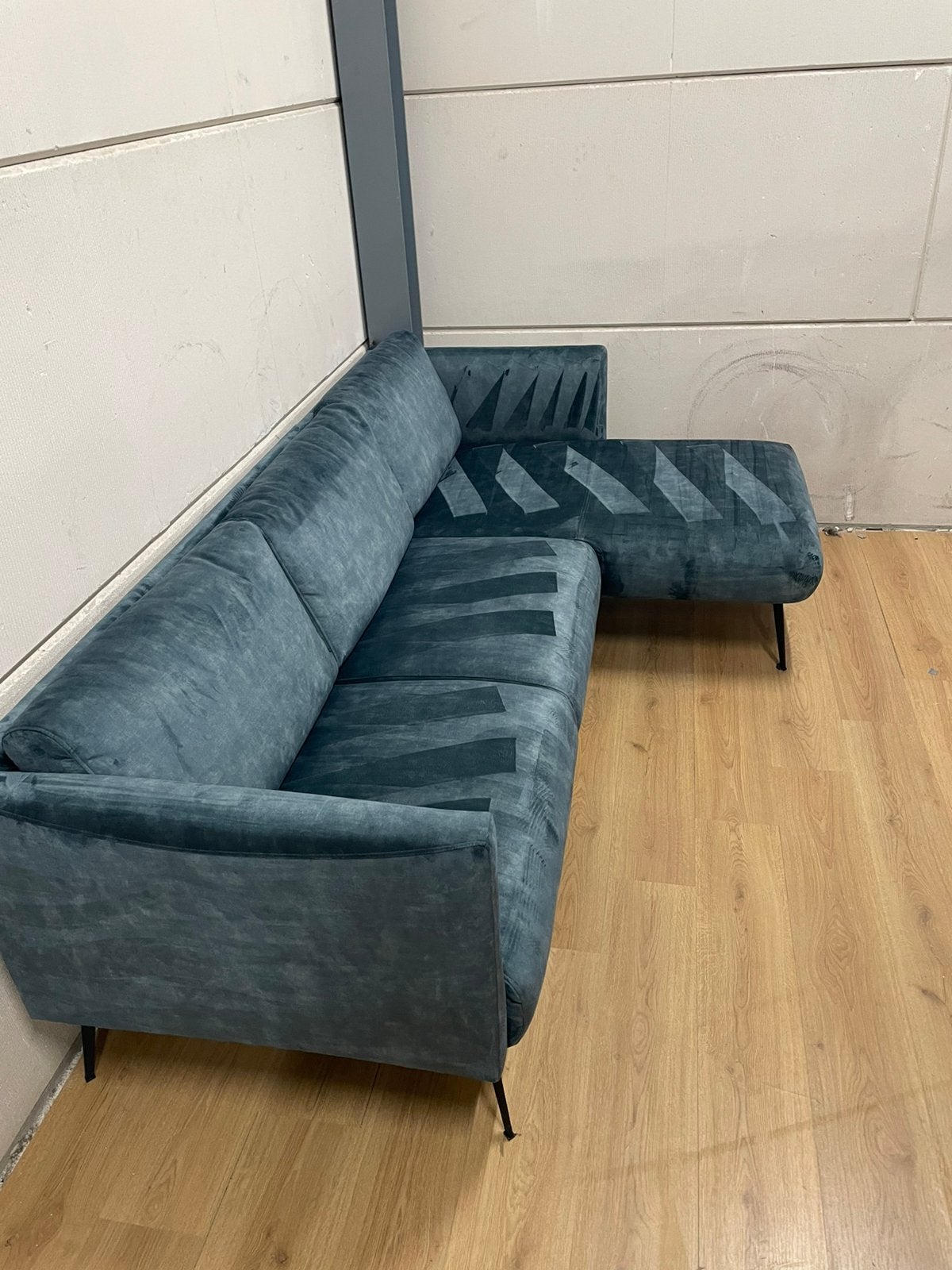 Mooie luxe velvet velours blauw groene hoekbank - GEREINIGD!, Ophalen, 125 tot 150 cm, Luxe, Hoekbank