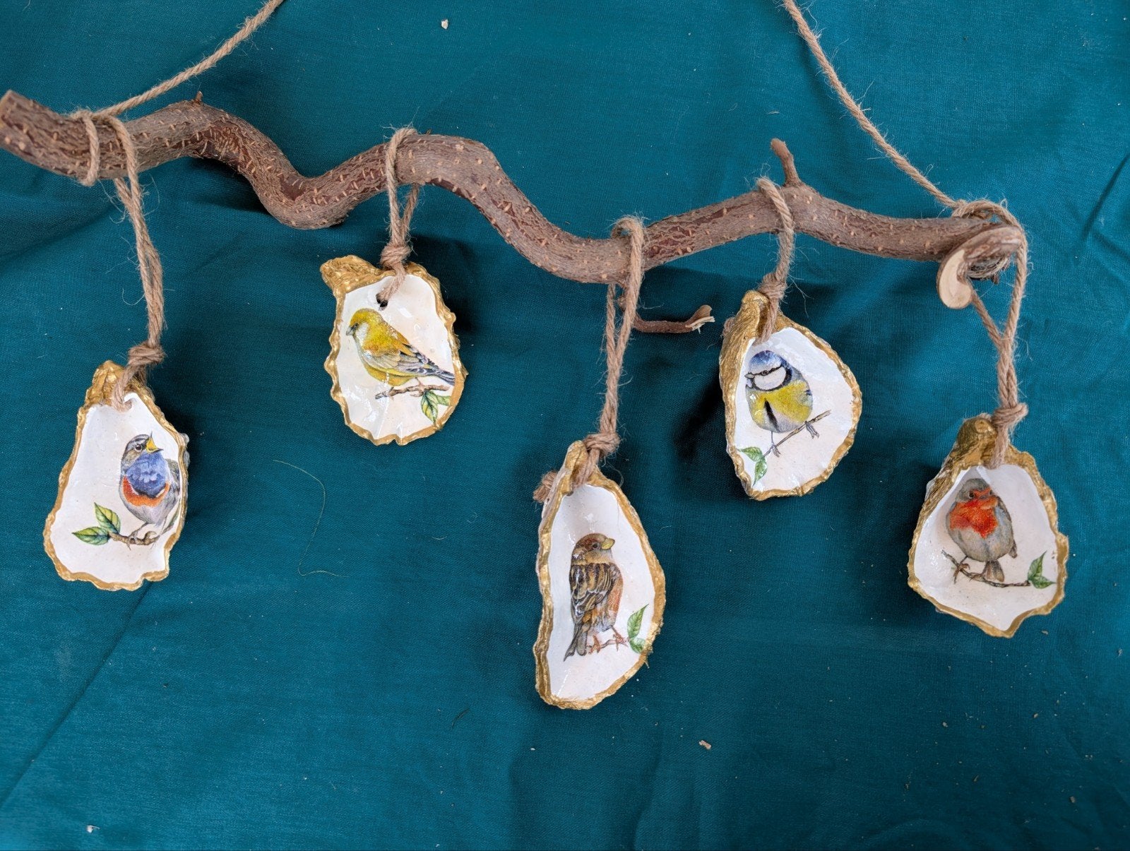 Oesterschelpen hanger met Roodborstje pimpelmees blauwborst, Ophalen of Verzenden