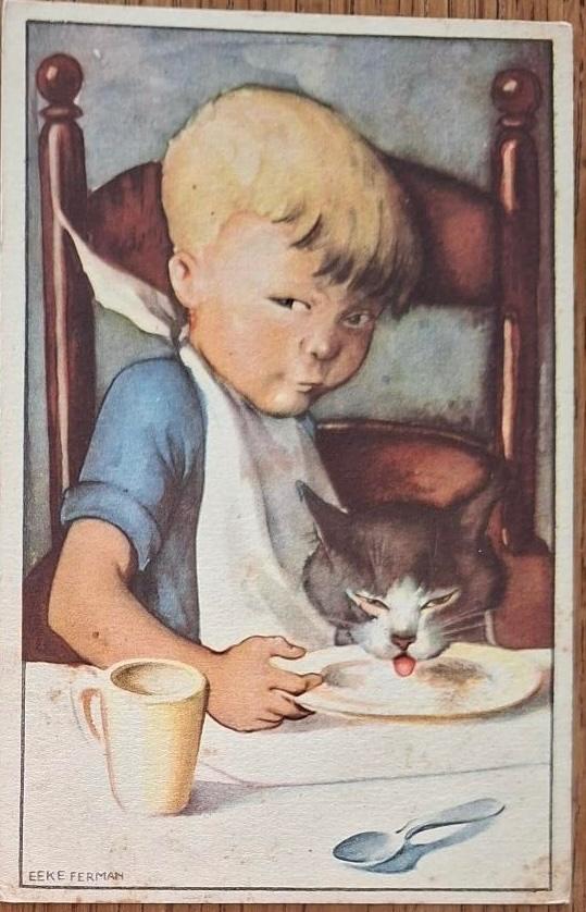 Eeke Ferman tekende dit jongetje met poes. Pap eten samen., Verzenden, 1940 tot 1960, Gelopen, Kinderen